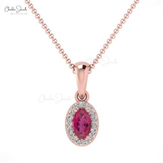 Dangle Diamond Circle Pendant With 5x3mm Pink Tourmaline 14k Real Gold Halo Pendant