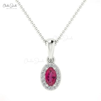 Dangle Diamond Circle Pendant With 5x3mm Pink Tourmaline 14k Real Gold Halo Pendant
