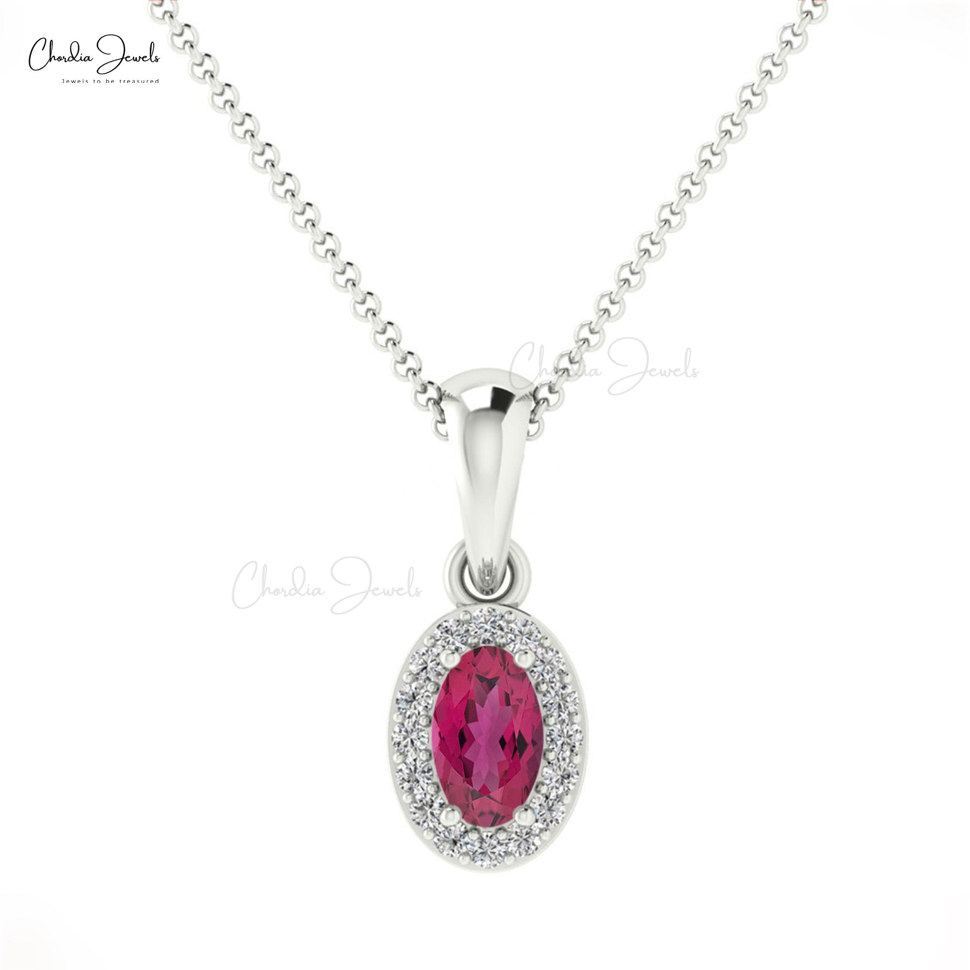 Dangle Diamond Circle Pendant With 5x3mm Pink Tourmaline 14k Real Gold Halo Pendant