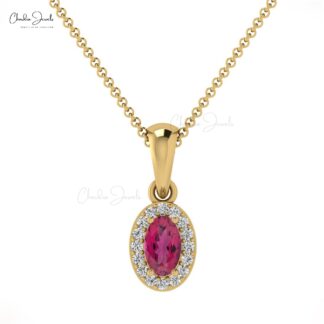 Dangle Diamond Circle Pendant With 5x3mm Pink Tourmaline 14k Real Gold Halo Pendant