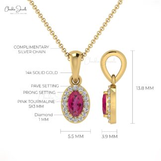 Dangle Diamond Circle Pendant With 5x3mm Pink Tourmaline 14k Real Gold Halo Pendant