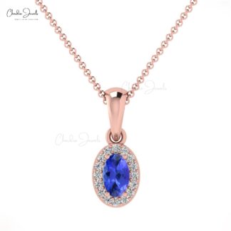 Real 14k Gold Dangle Pendant In 0.24 Ct Tanzanite And Halo Diamond Necklace For Her