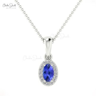 Real 14k Gold Dangle Pendant In 0.24 Ct Tanzanite And Halo Diamond Necklace For Her