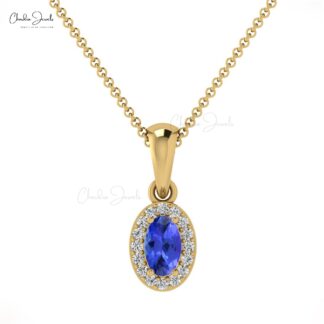 Real 14k Gold Dangle Pendant In 0.24 Ct Tanzanite And Halo Diamond Necklace For Her