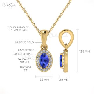 Real 14k Gold Dangle Pendant In 0.24 Ct Tanzanite And Halo Diamond Necklace For Her