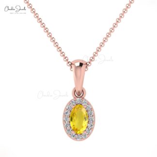 Oval Yellow Sapphire Halo Pendant With Pave Diamond 14k Solid Gold Women Necklace