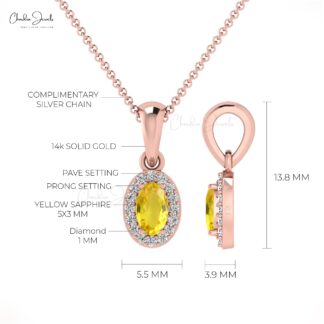 Oval Yellow Sapphire Halo Pendant With Pave Diamond 14k Solid Gold Women Necklace