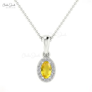 Oval Yellow Sapphire Halo Pendant With Pave Diamond 14k Solid Gold Women Necklace