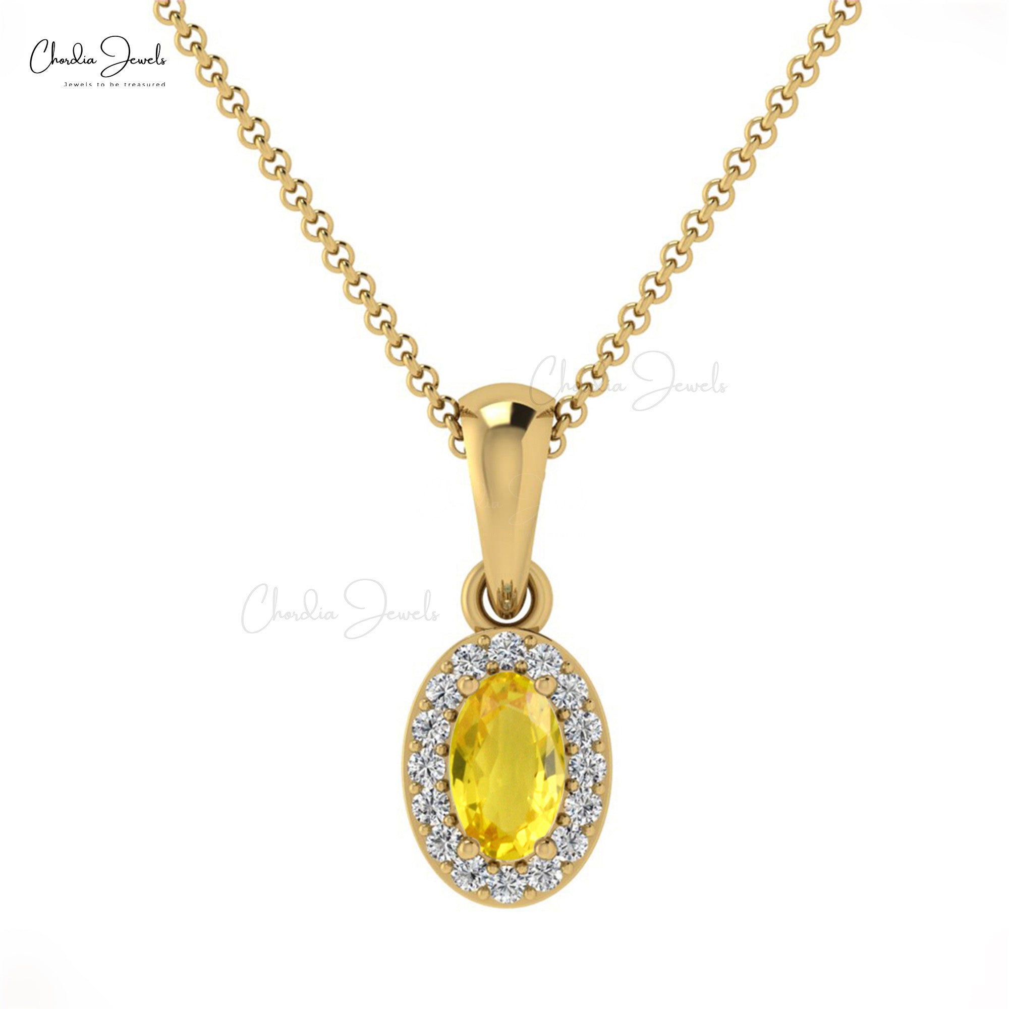 Oval Yellow Sapphire Halo Pendant With Pave Diamond 14k Solid Gold Women Necklace