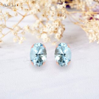 Natural Aquamarine 6x4mm Prong Set Stud Earring
