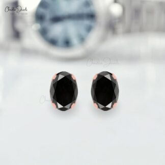 Genuine Black Diamond Minimal Earrings 14k Real Gold Grace Jewelry 6x4mm Oval Cut Natural Gemstone Solitaire Studs For Surprise Gift