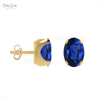 Genuine Blue Sapphire Studs For Her 14k Solid Gold Push Back Earrings 6x4mm Oval Cut Fine Jewelry For Birthday Gift