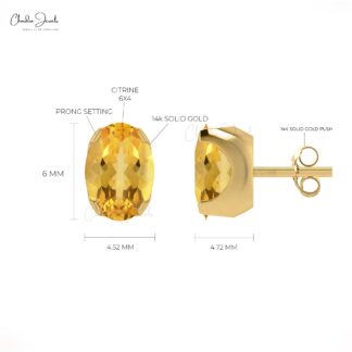 Yellow Citrine Solitaire Earrings 6x4mm Oval Cut Gemstone Minimalist Studs Genuine 14k Real Gold Fine Jewelry For Graduation Gift