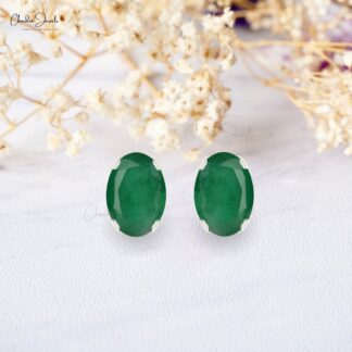 Solitaire Stud Earrings With Emerald Gemstone 14k Solid Gold Minimalist Earrings For Gift