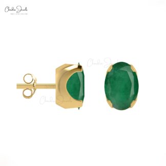 Solitaire Stud Earrings With Emerald Gemstone 14k Solid Gold Minimalist Earrings For Gift