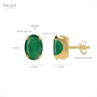 Solitaire Stud Earrings With Emerald Gemstone 14k Solid Gold Minimalist Earrings For Gift