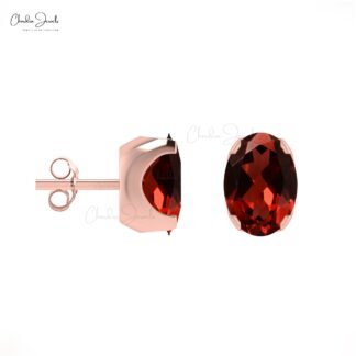 Red Garnet Solitaire Earrings 1.16Ct Oval Cut Natural Gemstone Dainty Studs 14k Real Gold Art Deco Jewelry For Anniversary Gift