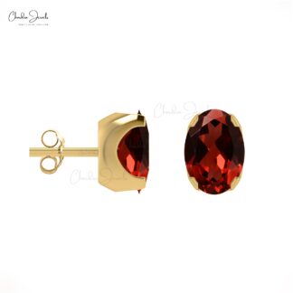 Red Garnet Solitaire Earrings 1.16Ct Oval Cut Natural Gemstone Dainty Studs 14k Real Gold Art Deco Jewelry For Anniversary Gift