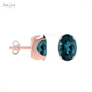 Natural London Blue Topaz Prong Set Earrings 0.88Ct Oval Gemstone Solitaire Studs 14k Real Gold Minimalist Jewelry For Bridal
