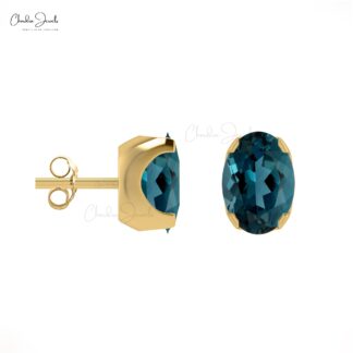 Natural London Blue Topaz Prong Set Earrings 0.88Ct Oval Gemstone Solitaire Studs 14k Real Gold Minimalist Jewelry For Bridal