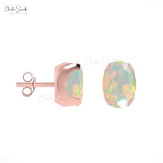 Natural Opal Solitaire Stud Earrings 14k Real Gold Dainty Studs 6x4mm Oval Gemstone Earrings Minimalist Jewelry For Her