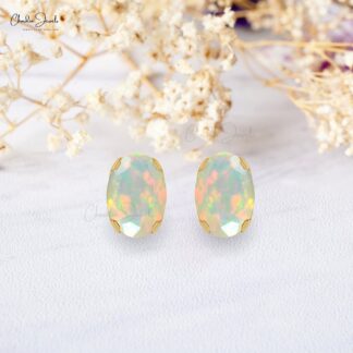 Natural Opal Solitaire Stud Earrings 14k Real Gold Dainty Studs 6x4mm Oval Gemstone Earrings Minimalist Jewelry For Her