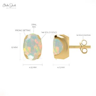 Natural Opal Solitaire Stud Earrings 14k Real Gold Dainty Studs 6x4mm Oval Gemstone Earrings Minimalist Jewelry For Her