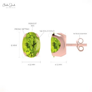 Delicate Peridot Stud Earrings 6x4mm Oval Cut Solitaire Earrings 14k Real Gold August Studs For Women