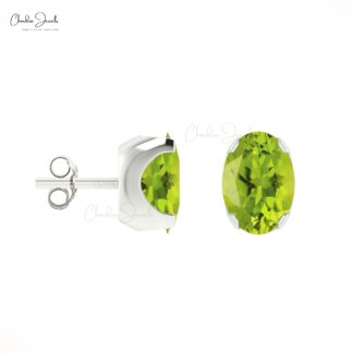 Delicate Peridot Stud Earrings 6x4mm Oval Cut Solitaire Earrings 14k Real Gold August Studs For Women