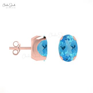 Delicate Swiss Blue Topaz Earrings 6x4mm Oval Gemstone Minimalist Studs Genuine 14k Real Gold Prong Set Hallmarked Earrings For Fiance Gift