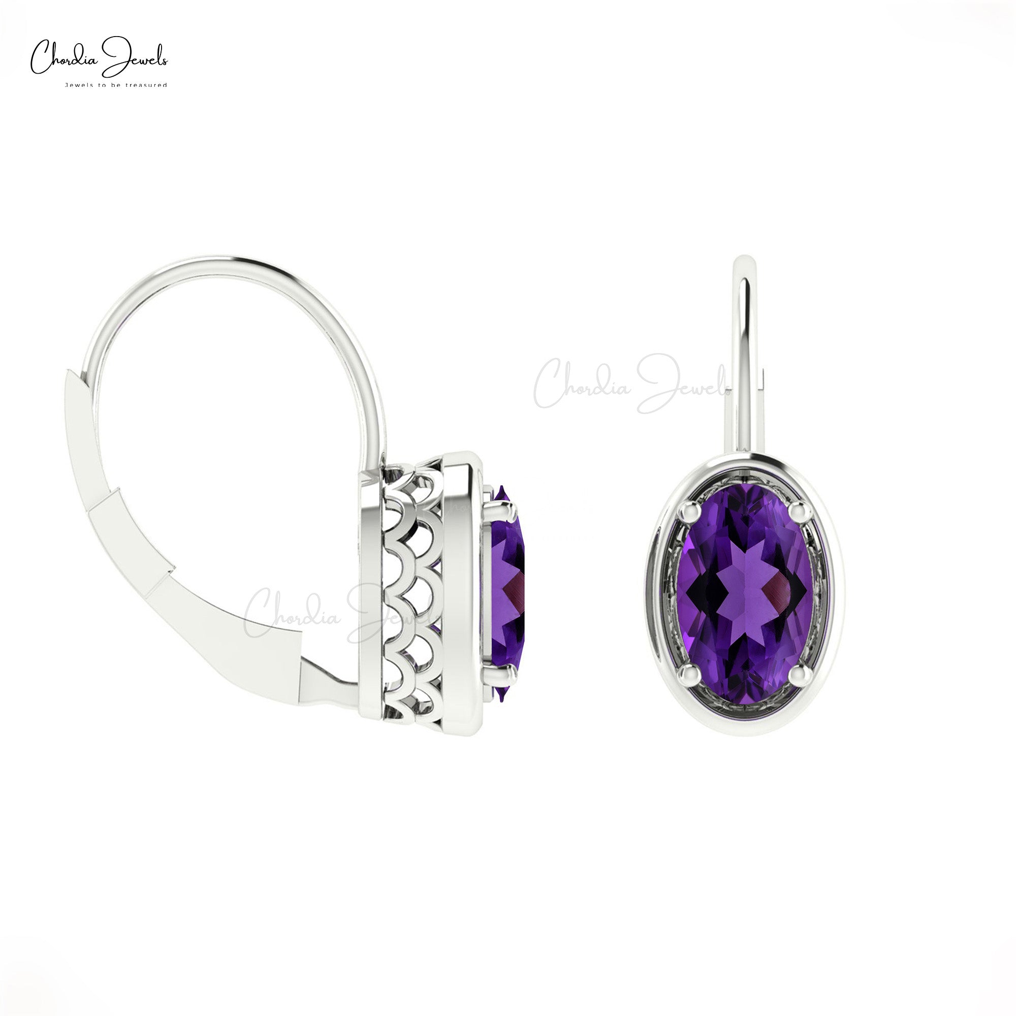 Solid 14k Gold February Birthstone Leverback Earrings, 7x5mm Oval Cut Purple Amethyst Earrings, 1.44 Ct 4-Prong Set Gemstone Minimalist Jewelry For Birthday Gift