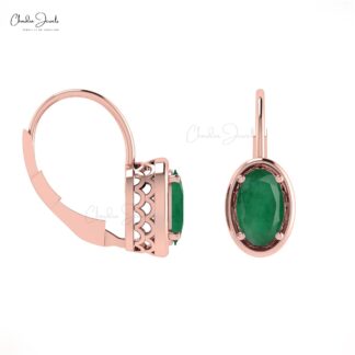 Genuine Emerald Leverback Earrings In 14k Solid Gold For Women