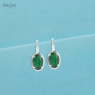 Genuine Emerald Leverback Earrings In 14k Solid Gold For Women