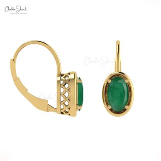Genuine Emerald Leverback Earrings In 14k Solid Gold For Women