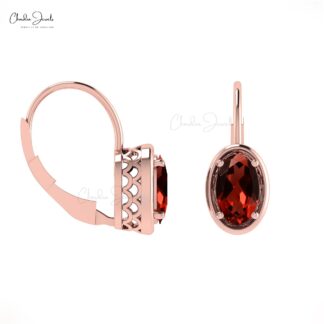 Round Cut Natural Garnet Lever Back Hook Earring in 14K Solid Gold