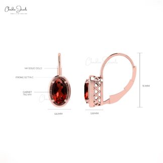 Round Cut Natural Garnet Lever Back Hook Earring in 14K Solid Gold