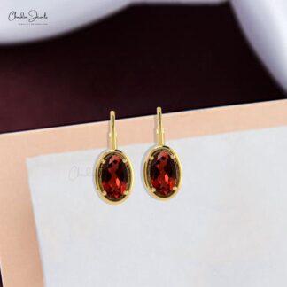 Round Cut Natural Garnet Lever Back Hook Earring in 14K Solid Gold