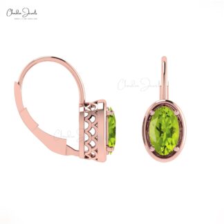 Real 14k Gold Natural Peridot Lever Back Earrings 7x5mm Oval Cut Gemstone Prong Set Handmade Earrings For Valentine’s Day Gift