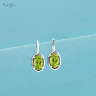Real 14k Gold Natural Peridot Lever Back Earrings 7x5mm Oval Cut Gemstone Prong Set Handmade Earrings For Valentine’s Day Gift