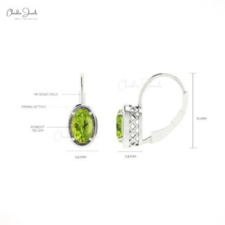 Real 14k Gold Natural Peridot Lever Back Earrings 7x5mm Oval Cut Gemstone Prong Set Handmade Earrings For Valentine’s Day Gift