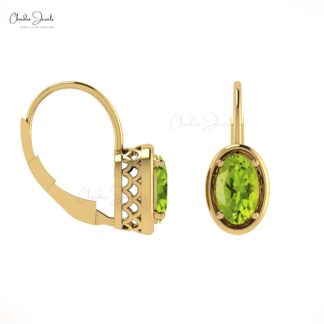 Real 14k Gold Natural Peridot Lever Back Earrings 7x5mm Oval Cut Gemstone Prong Set Handmade Earrings For Valentine’s Day Gift