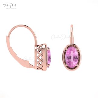 Solid 14k Gold Lever Back Earrings 7x5mm Pink Sapphire Dainty Earring For Wedding Gift
