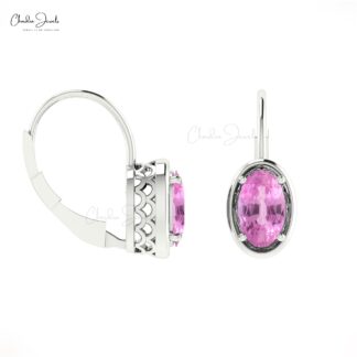 Solid 14k Gold Lever Back Earrings 7x5mm Pink Sapphire Dainty Earring For Wedding Gift
