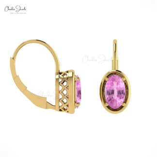 Solid 14k Gold Lever Back Earrings 7x5mm Pink Sapphire Dainty Earring For Wedding Gift