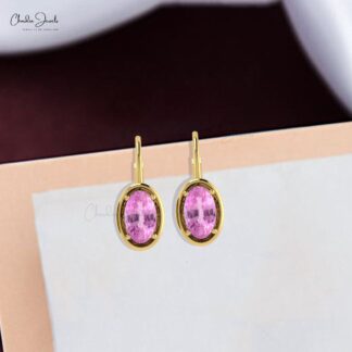 Solid 14k Gold Lever Back Earrings 7x5mm Pink Sapphire Dainty Earring For Wedding Gift
