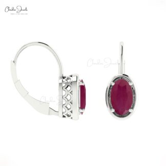 Prong Set 7x5mm Burma Ruby Lever Back Hoop Earrings in 14k Solid Gold Fine Jewelry