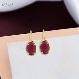 Prong Set 7x5mm Burma Ruby Lever Back Hoop Earrings in 14k Solid Gold Fine Jewelry