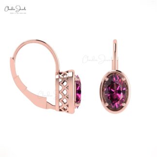7x5mm Natural Rhodolite Garnet Lever Back Hook Earring With 14K Solid Gold