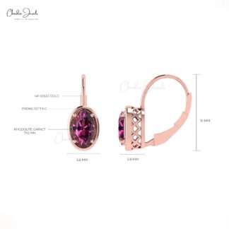 7x5mm Natural Rhodolite Garnet Lever Back Hook Earring With 14K Solid Gold