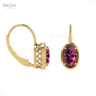 7x5mm Natural Rhodolite Garnet Lever Back Hook Earring With 14K Solid Gold